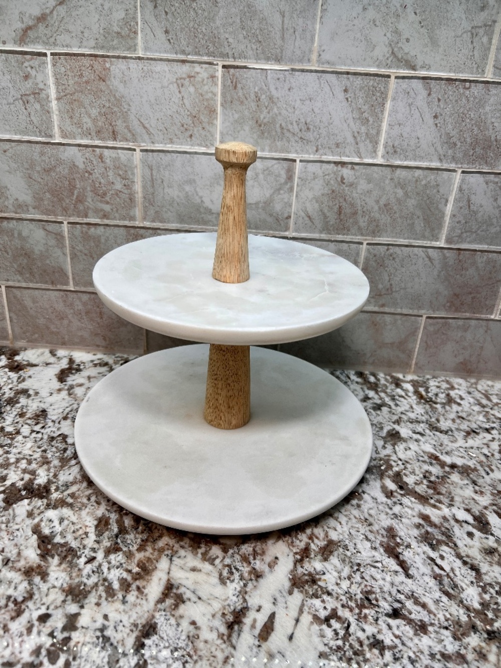 Gibson Laurie Gates Two-tier Marble Server, featuring smooth white marble tiers
